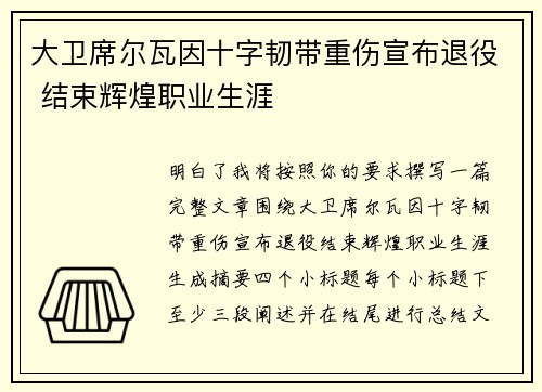 大卫席尔瓦因十字韧带重伤宣布退役 结束辉煌职业生涯