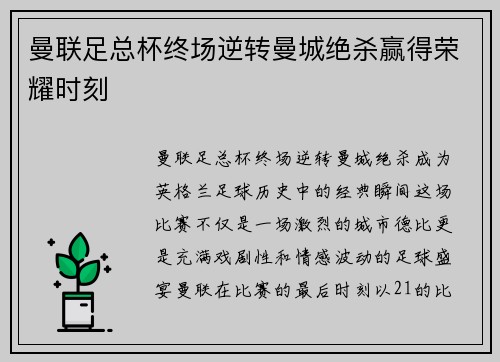 曼联足总杯终场逆转曼城绝杀赢得荣耀时刻